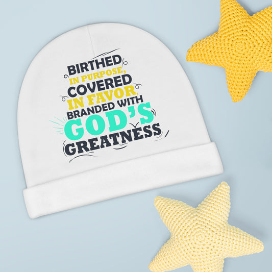 Birthed In Purpose Covered In Favor Branded With God's Greatness Christian Baby Beanie (AOP) Printify