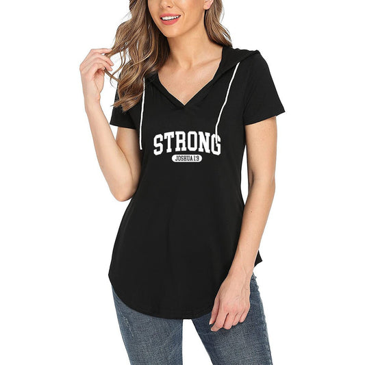 Strong Women's Christian Workout Gym Hooded T-Shirt | Short Sleeve V-Neck Activewear - ClaimedbyGodDesigns