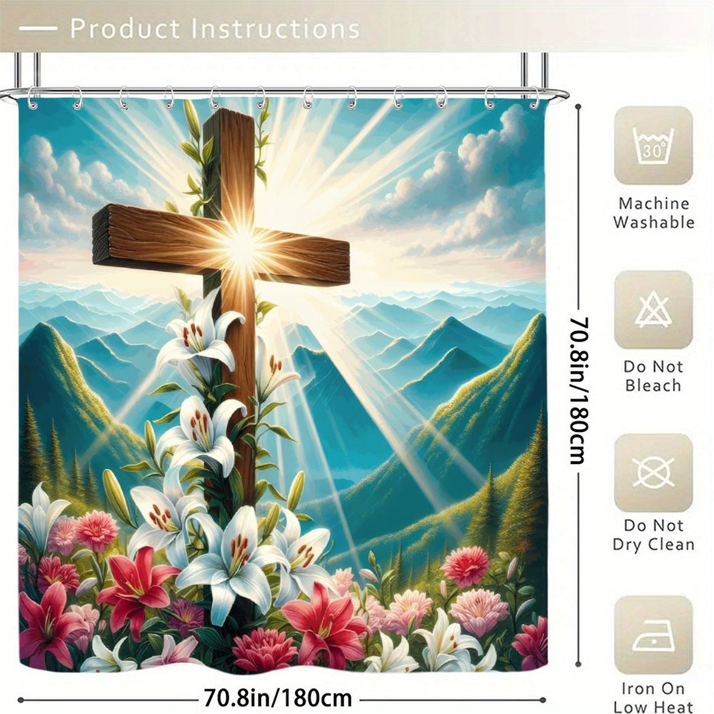 Flowered Cross Christian Waterproof Shower Curtain