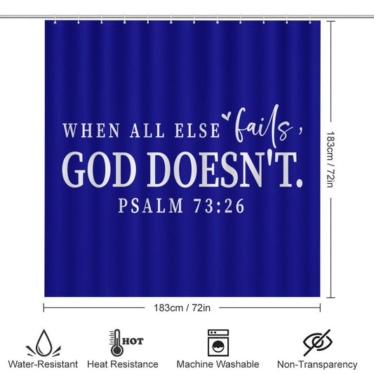 When All Else Fails He Doesn't Christian Shower Curtain Set with a bath rug, a contour rug and a toilet lid