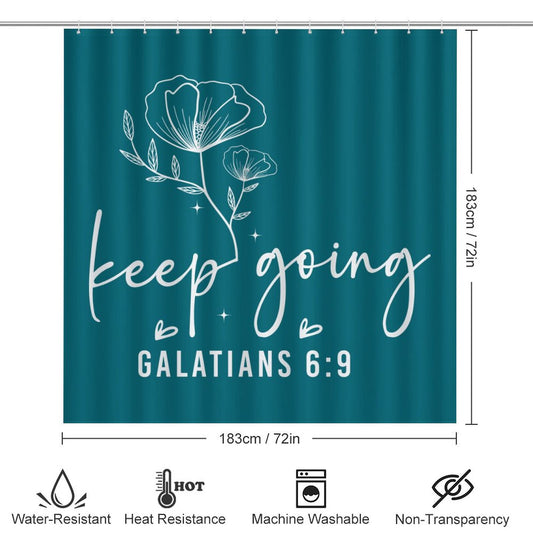 Keep Going Christian Shower Curtain Set with a bath rug, a contour rug and a toilet lid