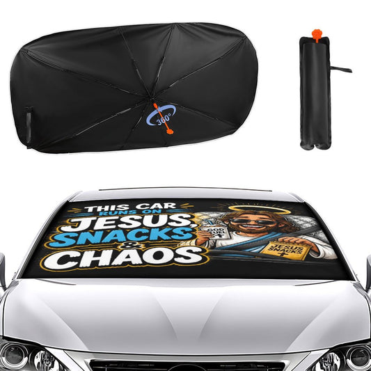 This Car Runs on Jesus, Snacks & Chaos Christian Car Sunshade Umbrella - ClaimedbyGodDesigns