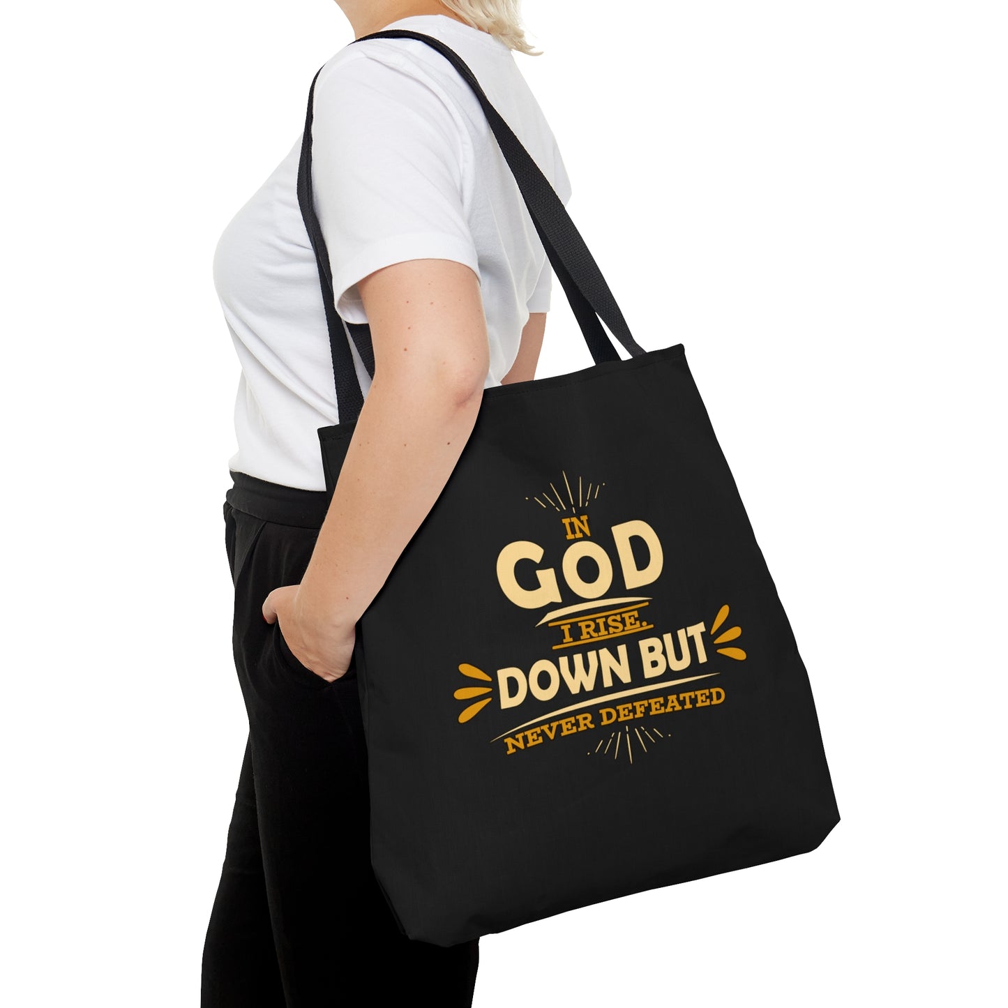 In Him I Rise Down But Defeated Tote Bag