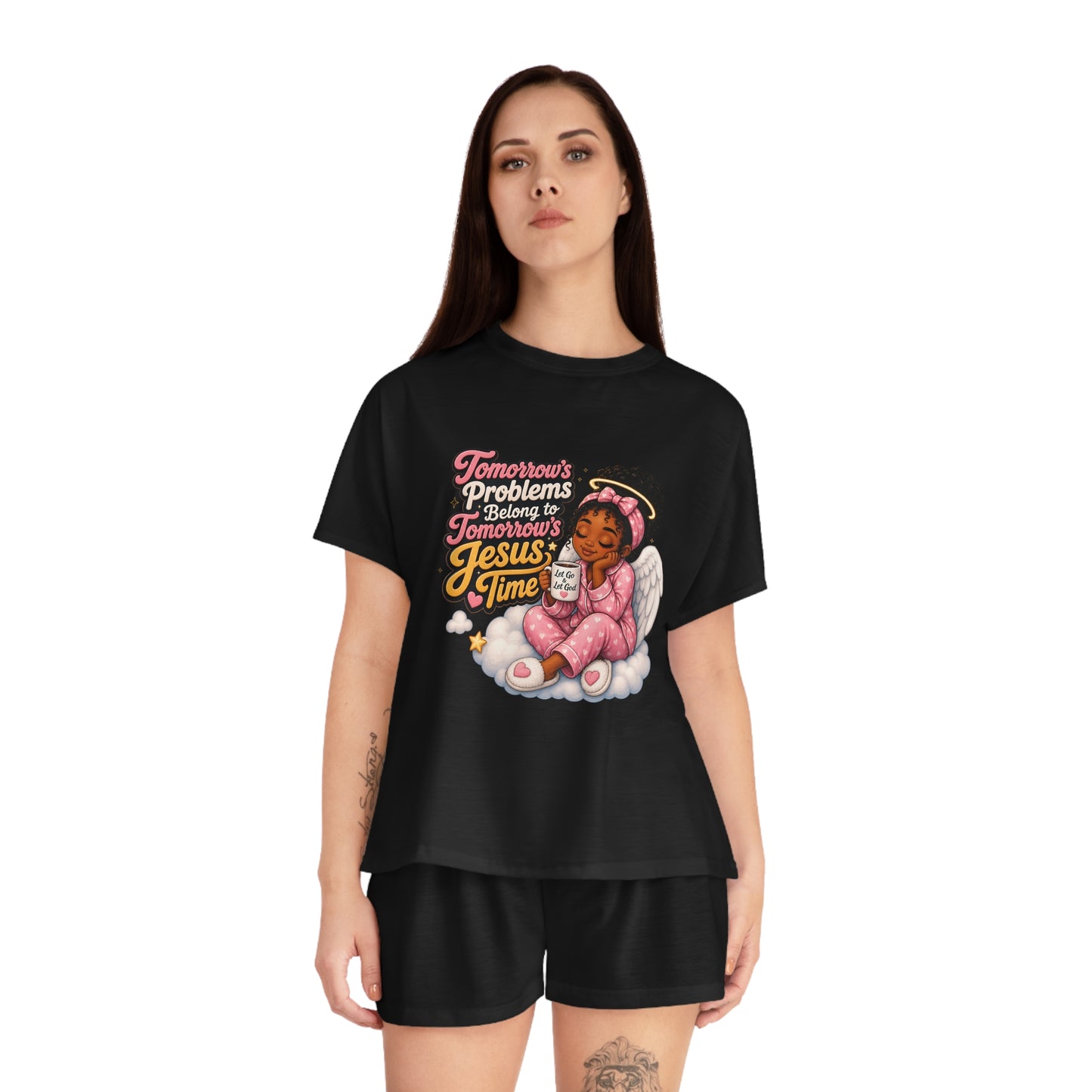 Women's Pajama Set — 'Tomorrow's Problems, Jesus' Time' Angel Graphic Sleepwear - ClaimedbyGodDesigns