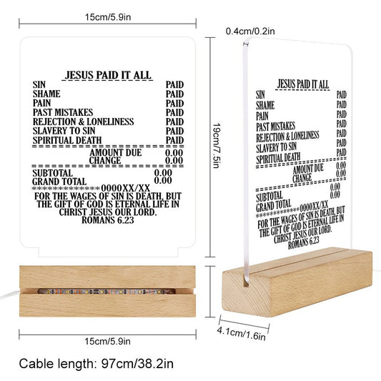 Paid It All Christian Acrylic Night Light with Wooden Base Christian Gift Idea
