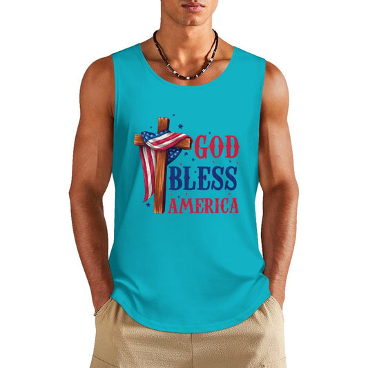 Bless America Flag Over Cross Patriotic Men's Christian Tank Top