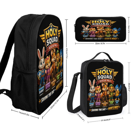 Holy Squad Rescue Pals Christian 3 PCS Bag Set (Backpack, Lunch Bag and Pencil Case) - ClaimedbyGodDesigns