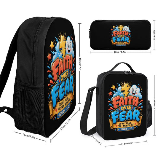 Faith Over Fear Christian 3 PCS Bag Set (Backpack, Lunch Bag and Pencil Case) - ClaimedbyGodDesigns