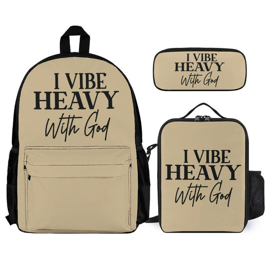 I Vibe Heavy With Him Christian Backpack Set of 3 Bags (Shoulder Bag Lunch Bag & Pencil Pouch)