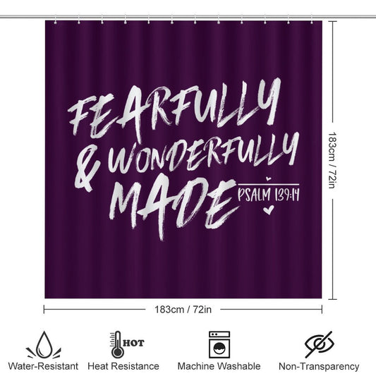 Fearfully And Wonderfully Made Christian Shower Curtain Set with a bath rug, a contour rug and a toilet lid