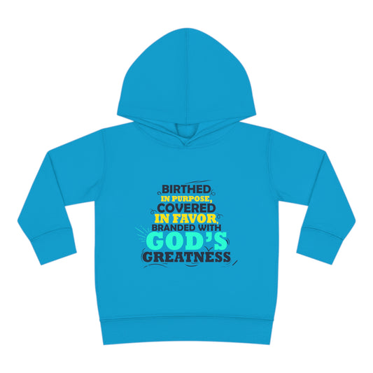 Birthed In Purpose Covered In Favor Branded With God's Greatness Toddler Christian Pullover Fleece Hoodie Printify