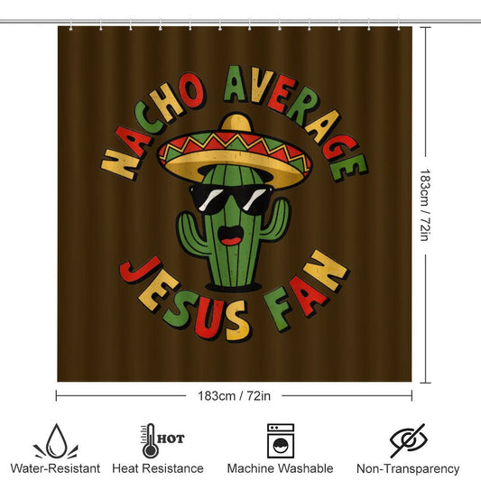 Nacho Average Fan Christian Shower Curtain Set with a bath rug, a contour rug and a toilet lid