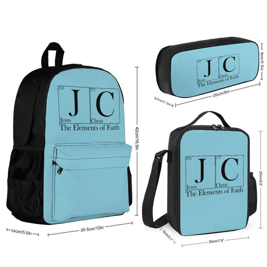 J C CHRIST The Elements Of Faith Christian Backpack Set of 3 Bags (Shoulder Bag Lunch Bag & Pencil Pouch)