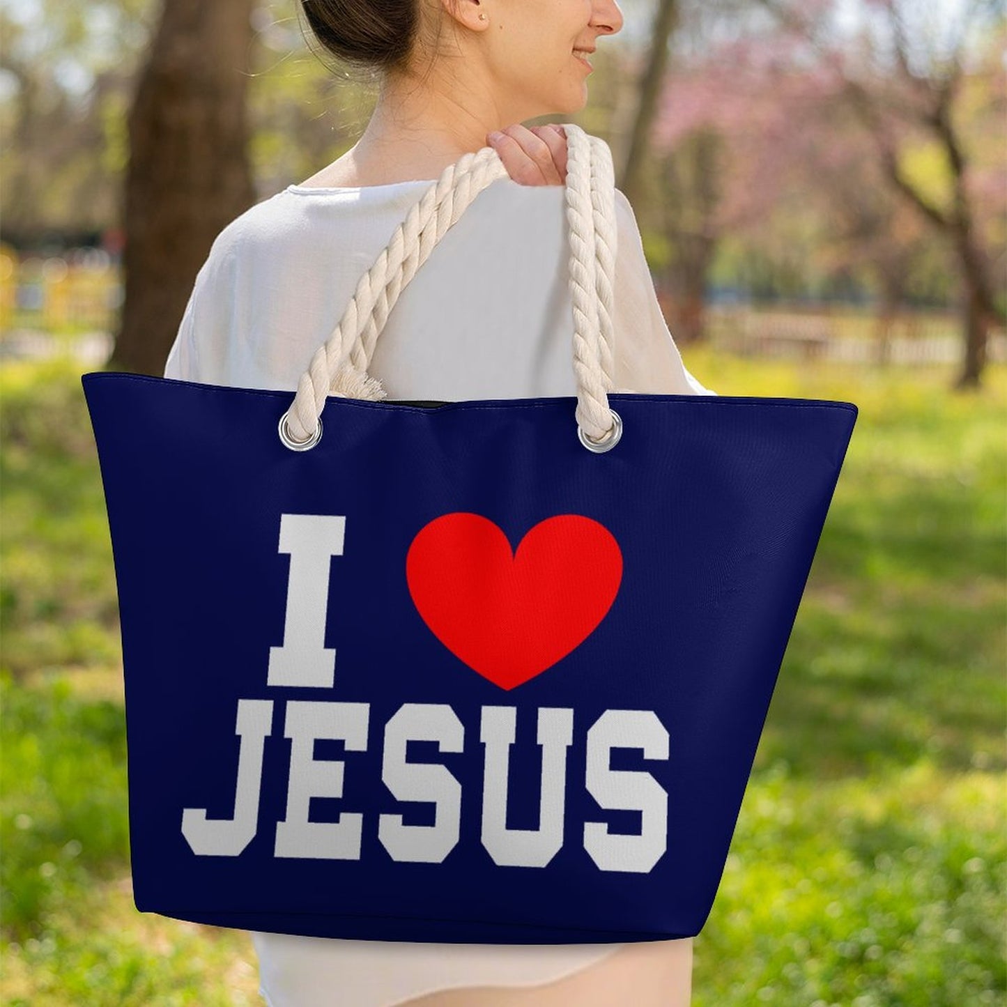 I Love Jesus Christian Large Jute Tote Bag