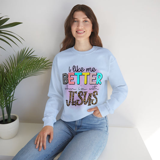 I Like Me Better When I'm With Him Unisex Heavy Blend™ Crewneck Christian Sweatshirt