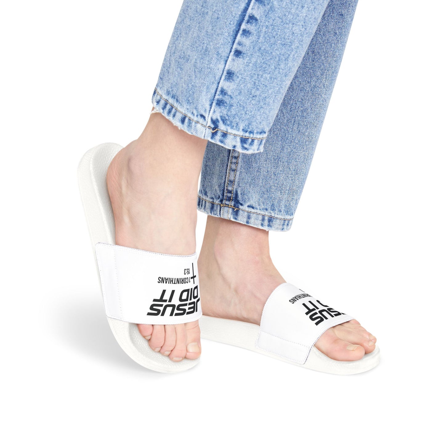 He Did It Women's Christian Slide Sandals — Christian Scripture 1 Corinthians 15:3 Pool Slides