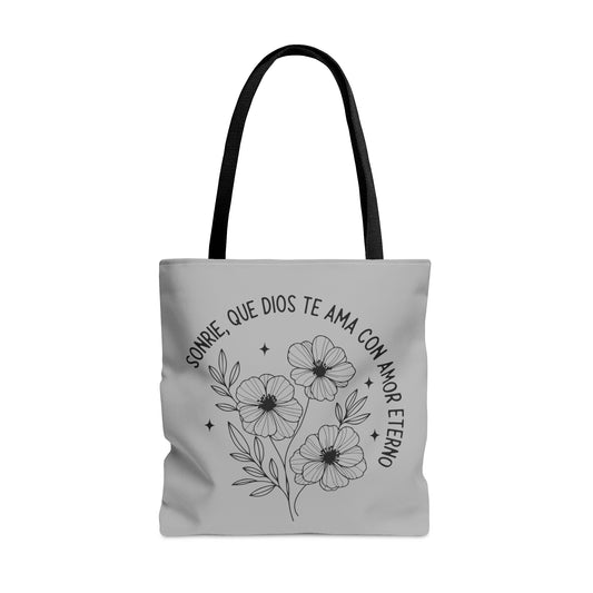 SONRIE QUE DIOS TE AMA CON AMOR ETERNO Christian SPANISH Tote Bag Printify