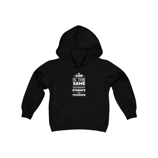 God Is The Same Yesterday Today & Tomorrow Youth Heavy Blend Christian Hooded Sweatshirt Printify