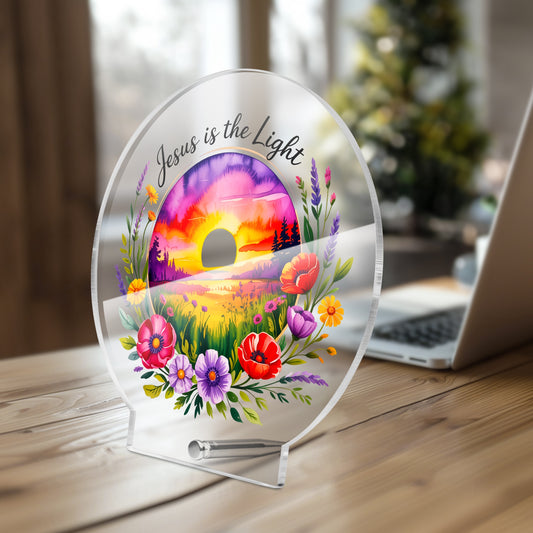 He Is The Light Christian Acrylic Plaque with Stand – Round Faith - Inspired Décor Gift - ClaimedbyGodDesigns