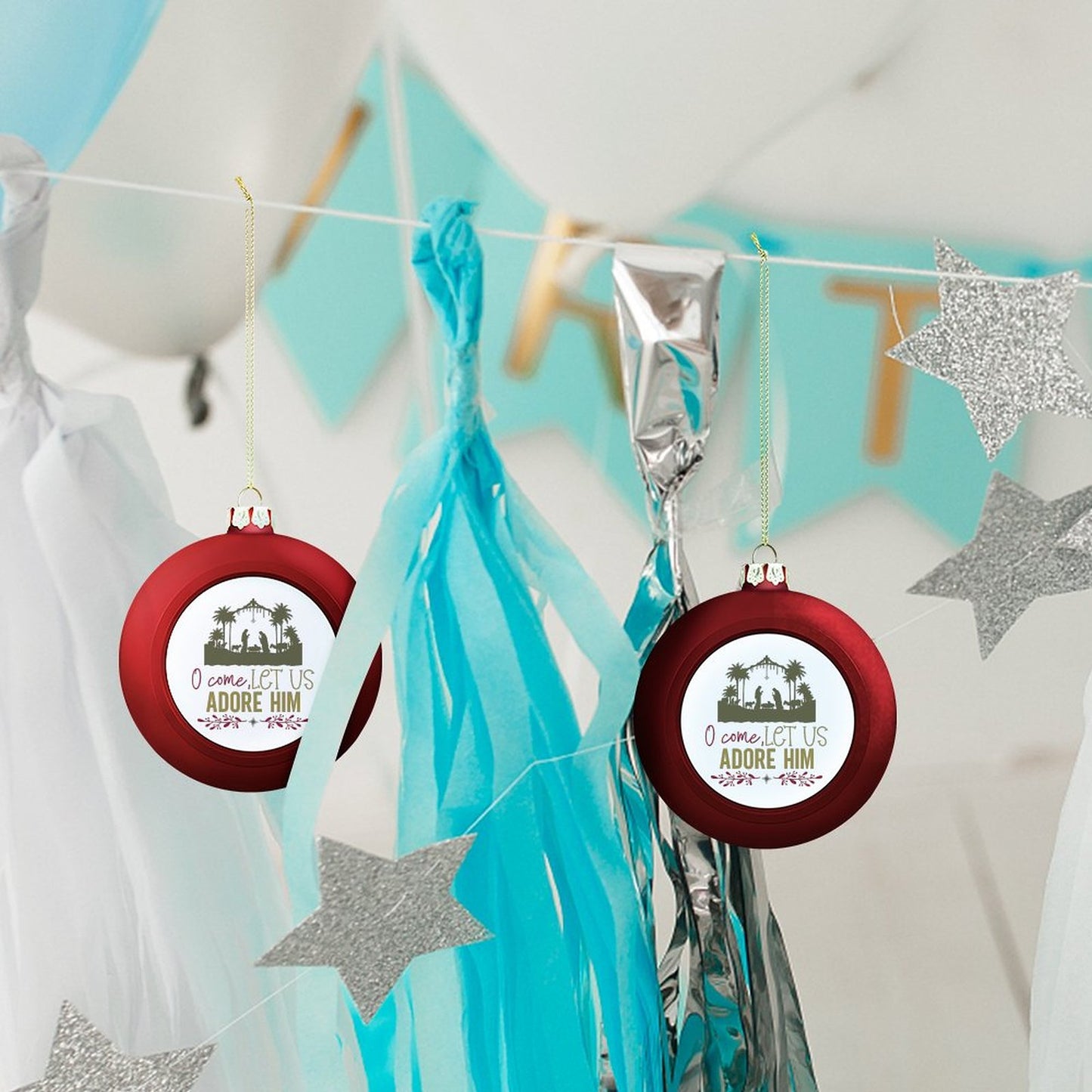 O Come Let Us Adore Him Christian Christmas Tree Hanging Ball