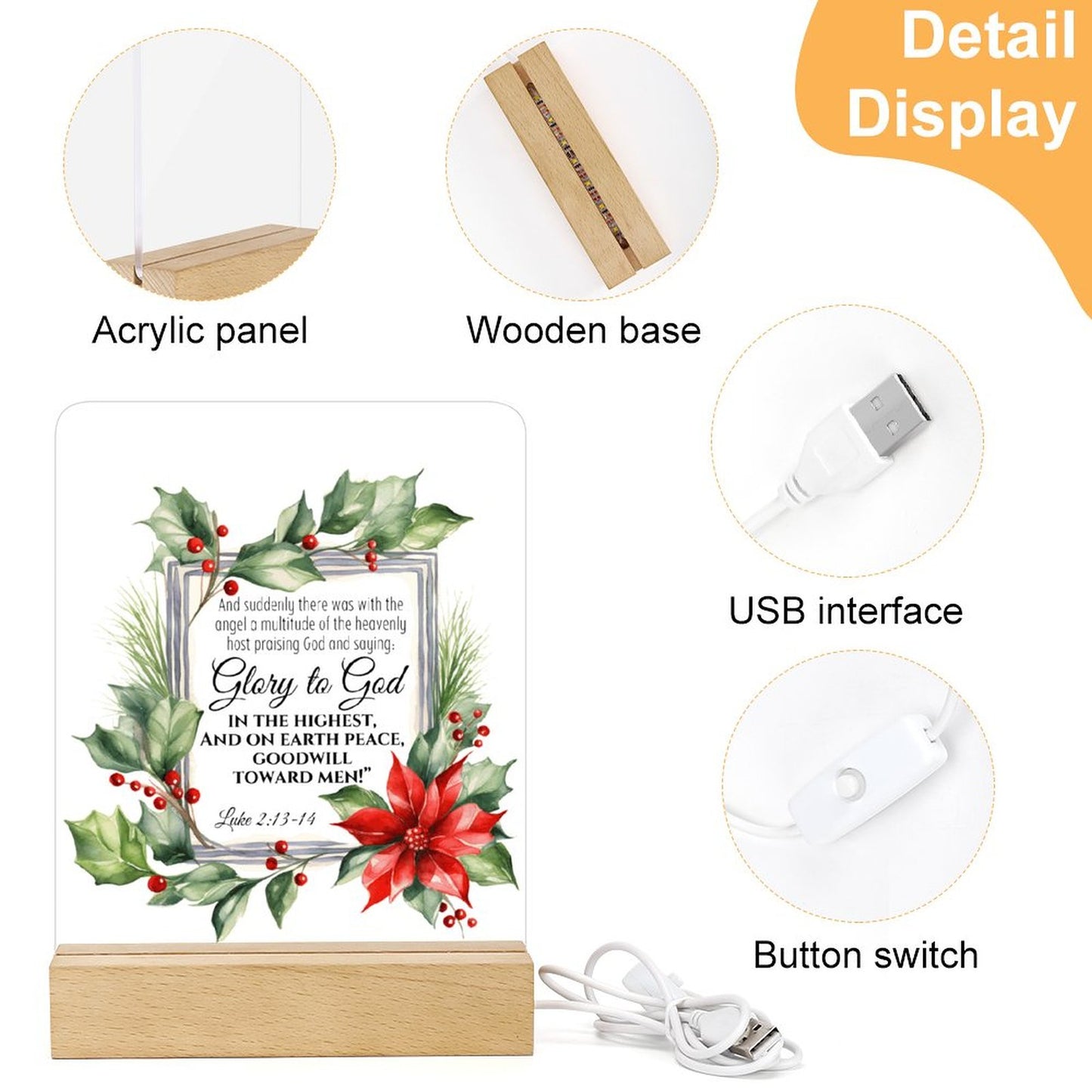Luke 2:13-14 Glory To (Christmas Themed) Christian Acrylic Night Light with Wooden Base