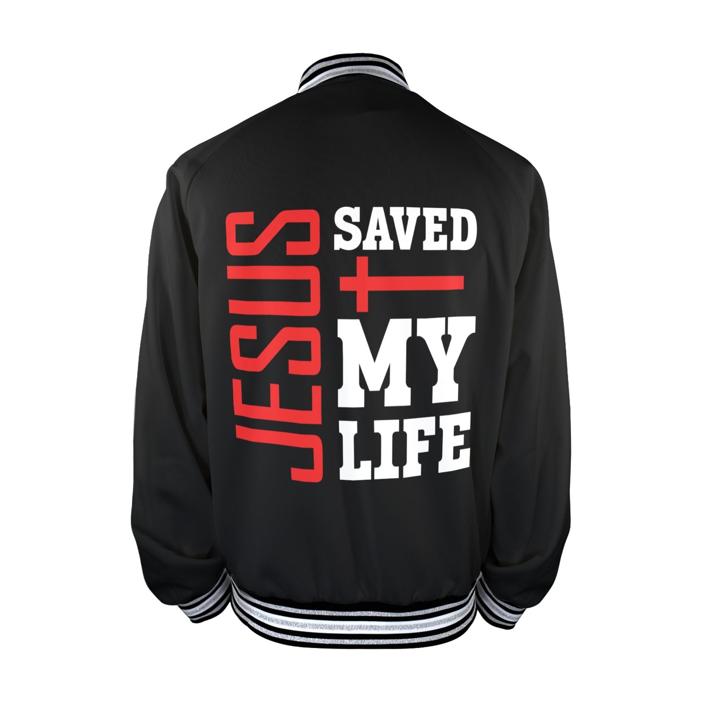 He Saved My Life Men's Christian Striped Trim Bomber Jacket - ClaimedbyGodDesigns