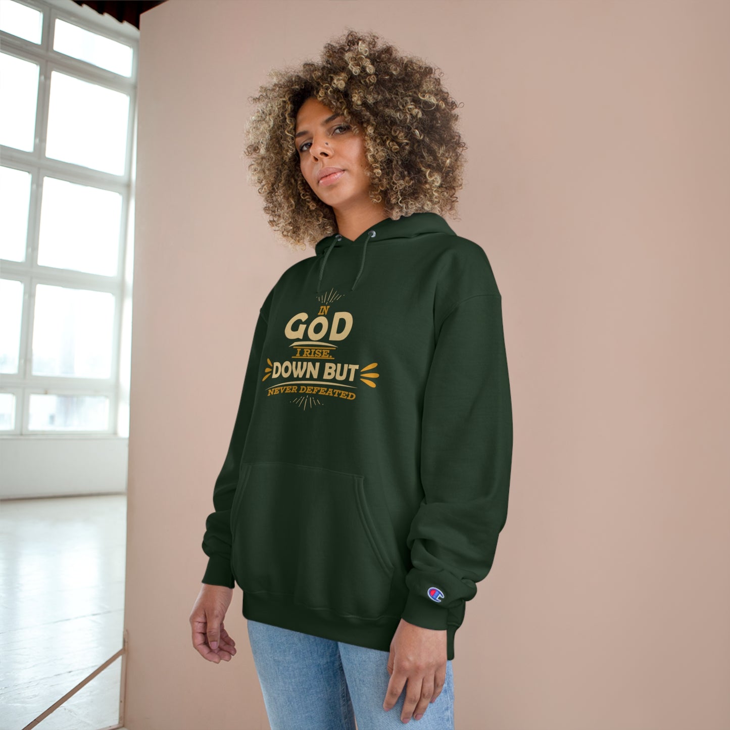 In Him I Rise Down But Never Defeated Unisex Champion Hoodie