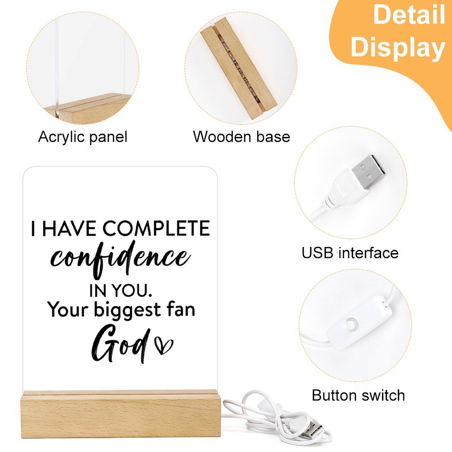 I Have Complete Confidence In You. Your Biggest Fan Christian Acrylic Night Light with Wooden Base Christian Gift Idea