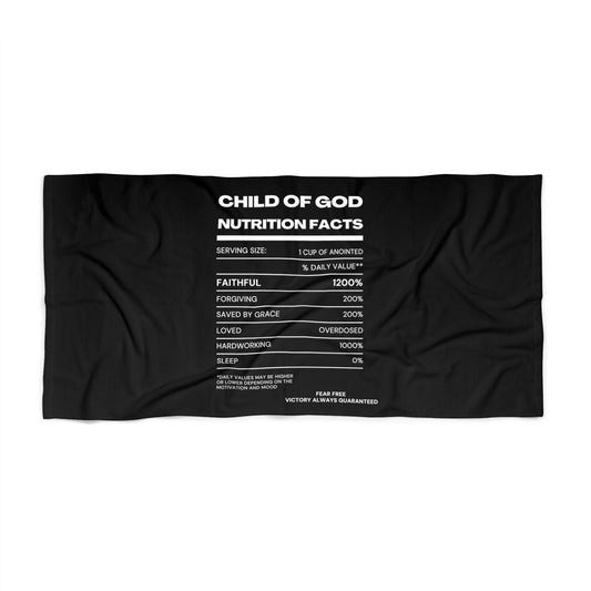 Child Of God Nutrition Facts Christian Beach Towel Printify