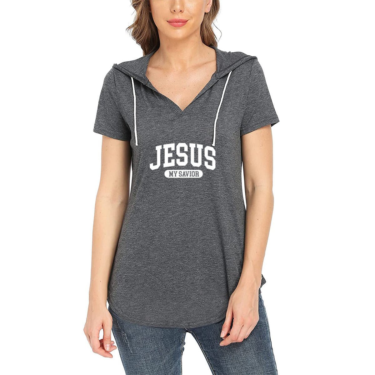 My Savior Women's Christian Workout Gym Hoodie T-Shirt | Short Sleeve V-Neck Activewear - ClaimedbyGodDesigns