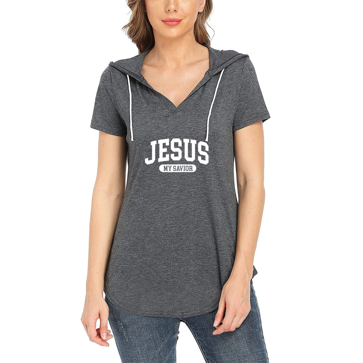 My Savior Women's Christian Workout Gym Hoodie T-Shirt | Short Sleeve V-Neck Activewear