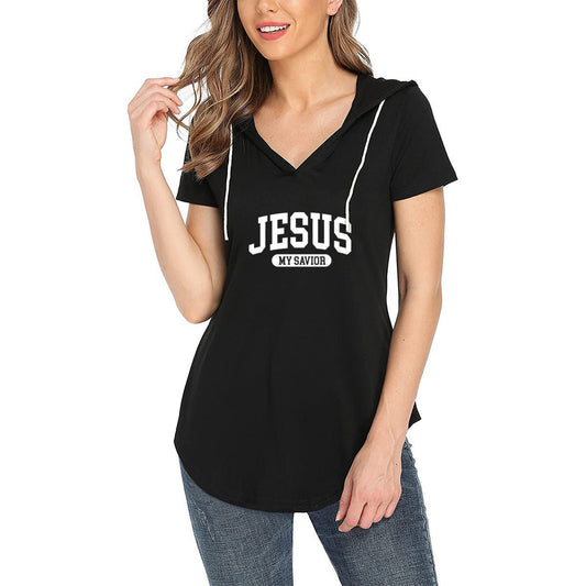 My Savior Women's Christian Workout Gym Hoodie T-Shirt | Short Sleeve V-Neck Activewear - ClaimedbyGodDesigns