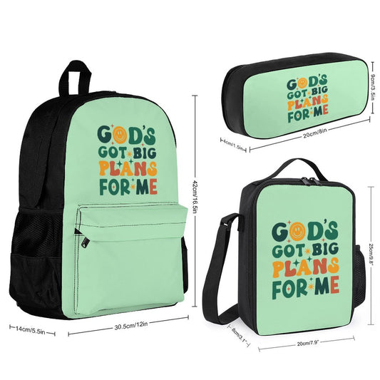 He's Got Big Plans For Me Christian Backpack Set of 3 Bags (Shoulder Bag Lunch Bag & Pencil Pouch) - ClaimedbyGodDesigns