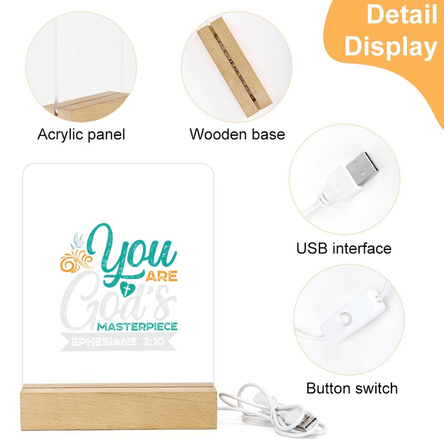 You Are His Masterpiece Christian Acrylic Night Light with Wooden Base Christian Gift Idea