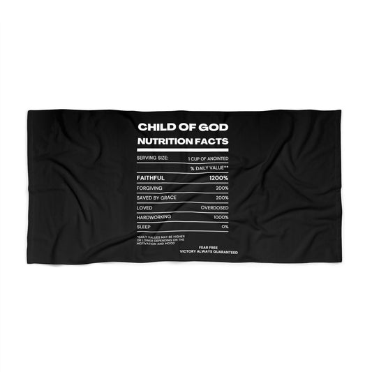 Child Of God Nutrition Facts Christian Beach Towel Printify