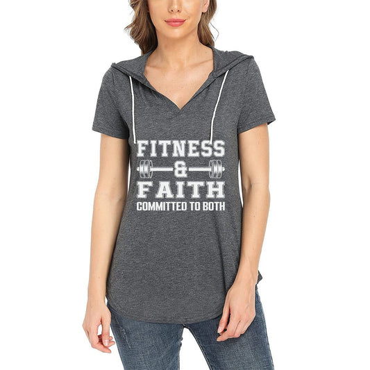 Faith and Fitness - Women's Christian Short Sleeve V-Neck Gym Hoodie T-Shirt | Inspirational Activewea - ClaimedbyGodDesigns