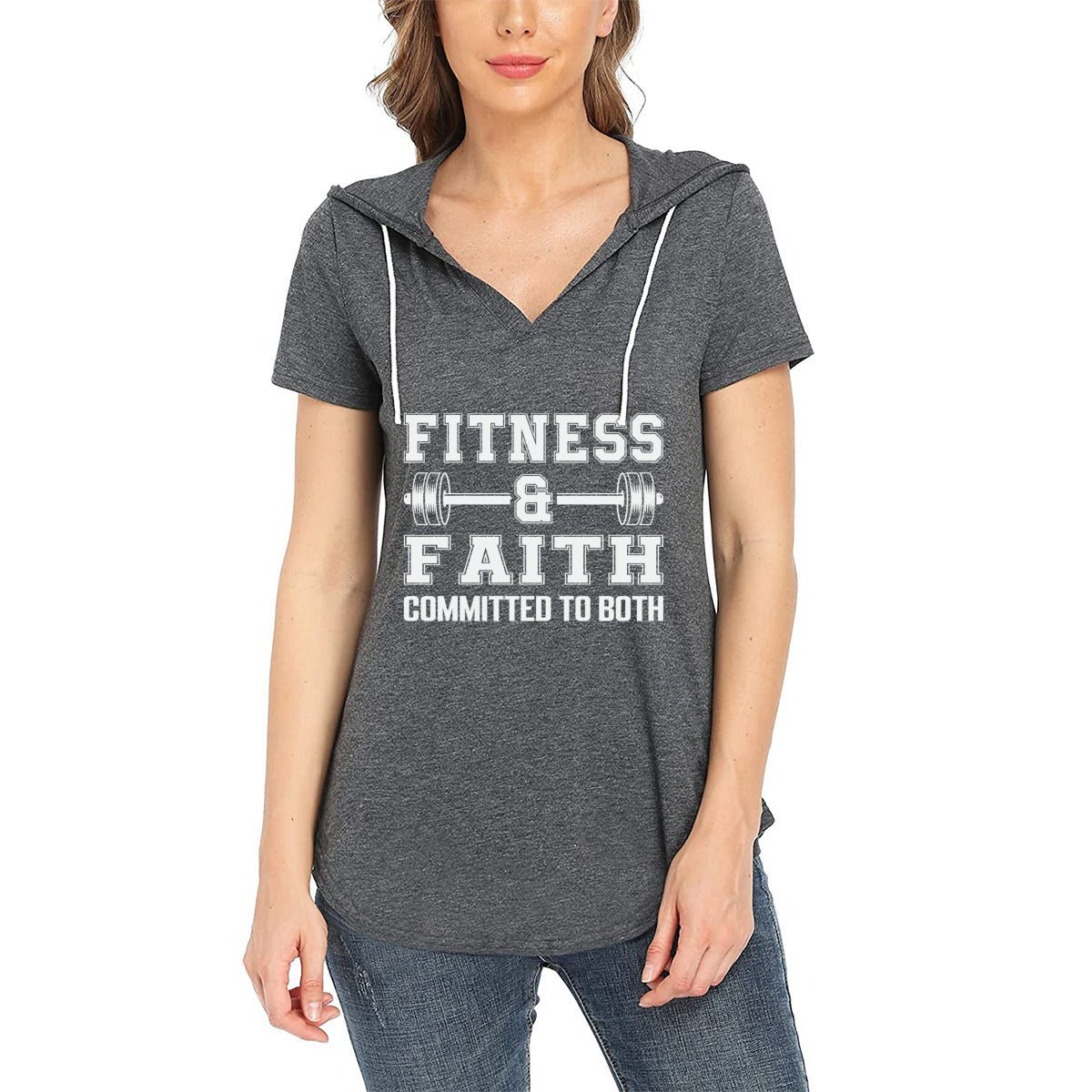 Faith and Fitness - Women's Christian Short Sleeve V-Neck Gym Hoodie T-Shirt | Inspirational Activewea - ClaimedbyGodDesigns