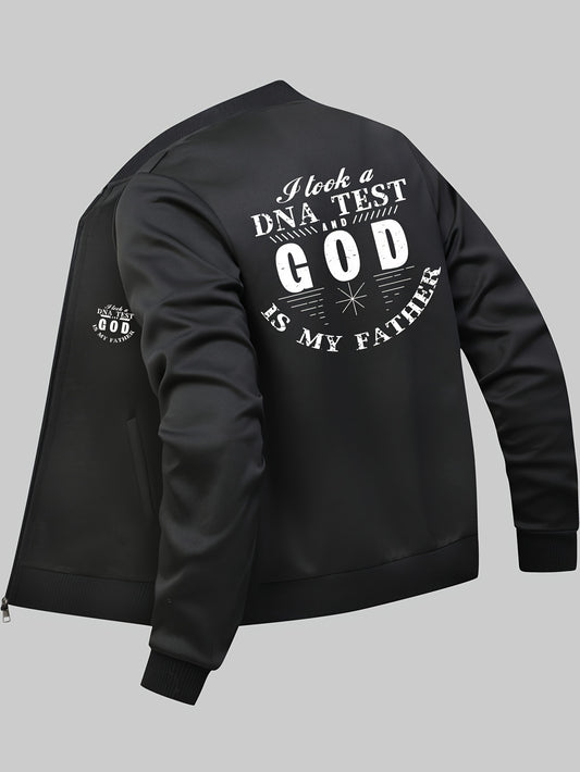 Men's GOD IS MY FATHER Print Bomber Jacket, Casual Zip-up Jacket With Pockets claimedbygoddesigns