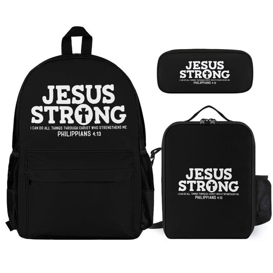 Strong I Can Do All Things Through Christ Christian Backpack Set of 3 Bags (Shoulder Bag Lunch Bag & Pencil Pouch)