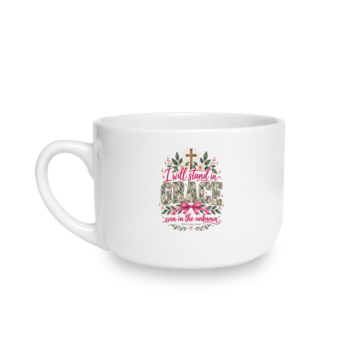 25oz Ceramic Latte Mug — Floral Leopard Accent with Message: “I will stand in grace even in the unknown”