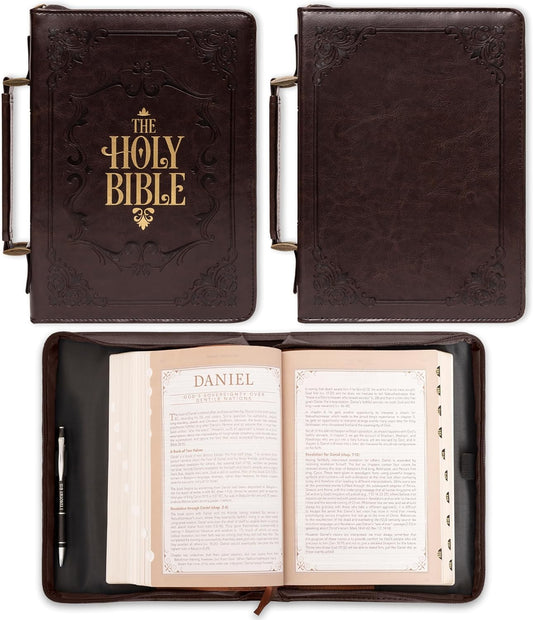Holy Bible Christian Classic Vegan Leather Bible Cover- Easy Carry Handle, Debossed, Sturdy w/Pen Loops claimedbygoddesigns