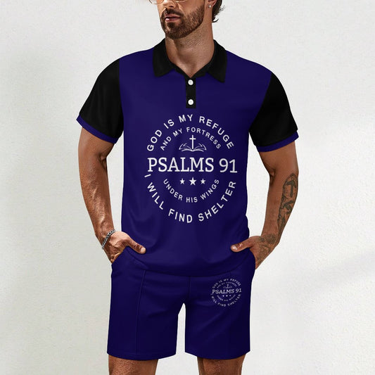Psalms 91 He Is My Refuge Men's Christian Casual Outfit POLO Shirt Set