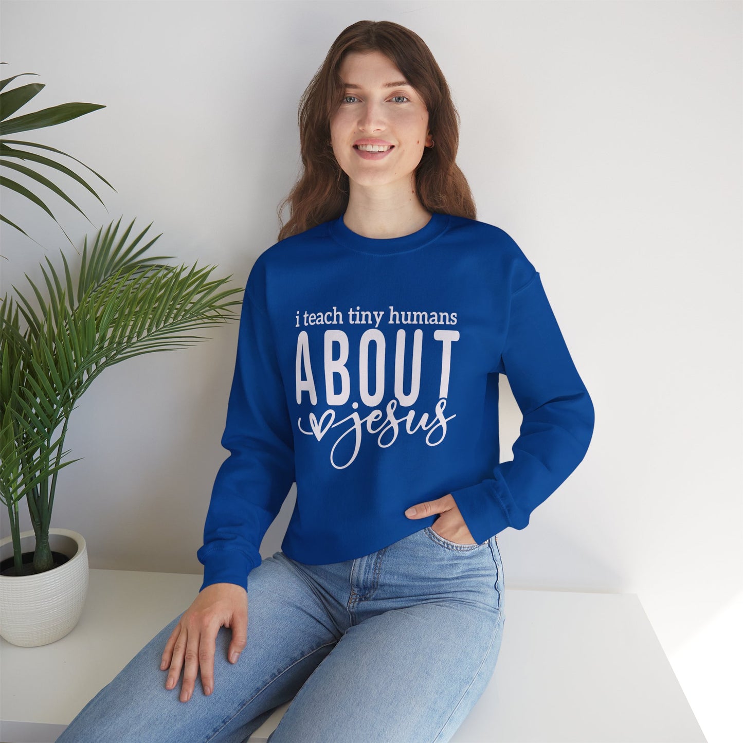 I Teach Tiny Humans About Him Unisex Heavy Blend™ Crewneck Christian Sweatshirt