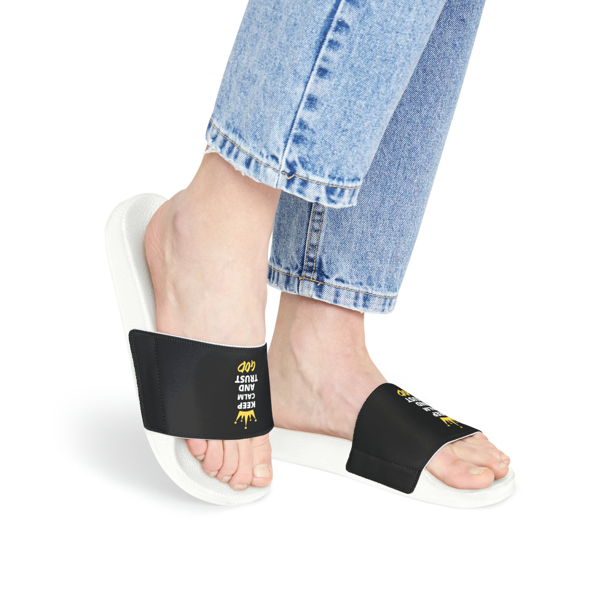 Keep Calm And Trust God Women's PU Christian Slide Sandals Printify