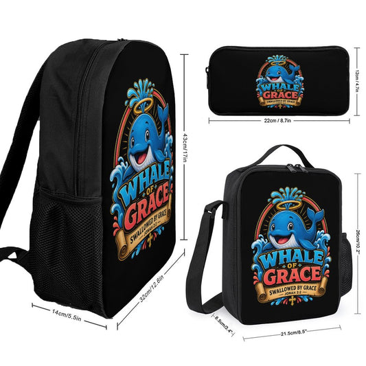 Whale Of Grace Christian 3 PCS Bag Set (Backpack, Lunch Bag and Pencil Case) - ClaimedbyGodDesigns
