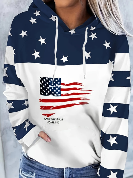 Love Like Jesus Patriotic American Flag Women's Christian Pullover Hooded Sweatshirt claimedbygoddesigns
