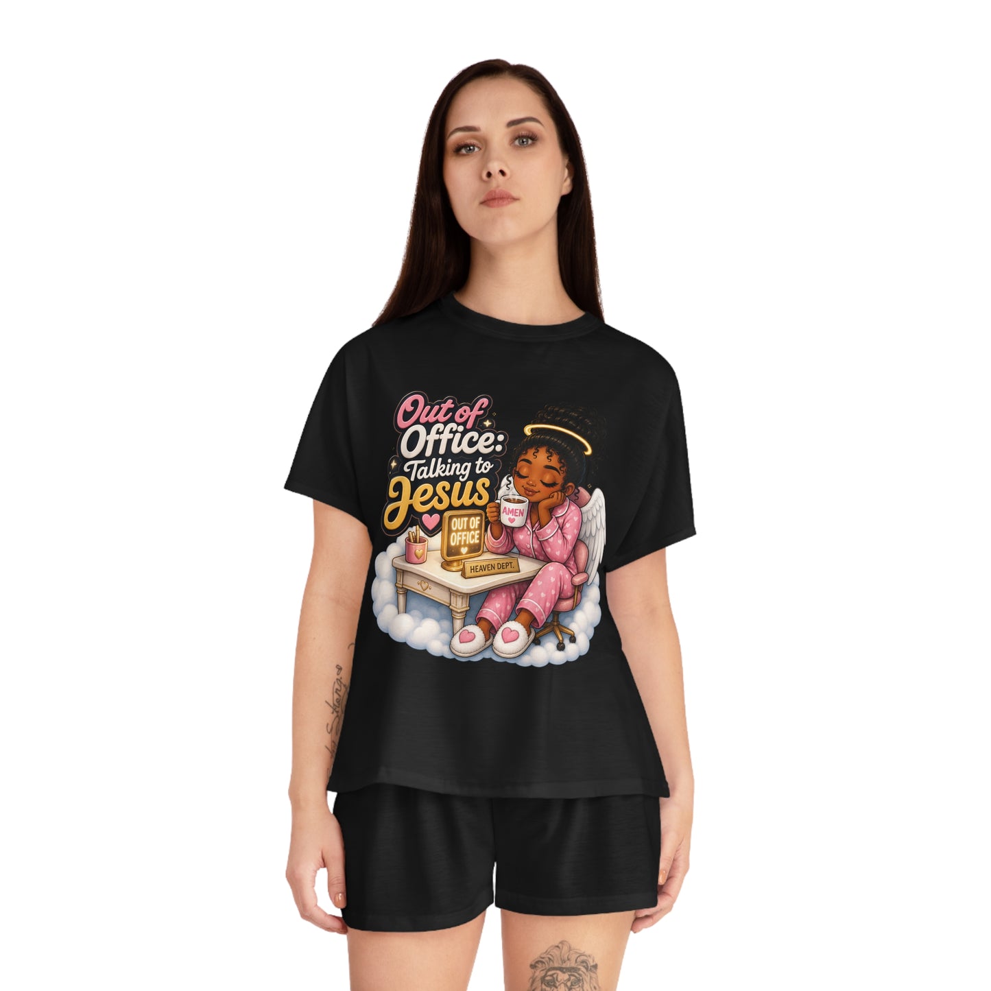 Women’s Pajama Set - “Out of Office: Talking to Jesus” Angelic Lounge Sleepwear - ClaimedbyGodDesigns