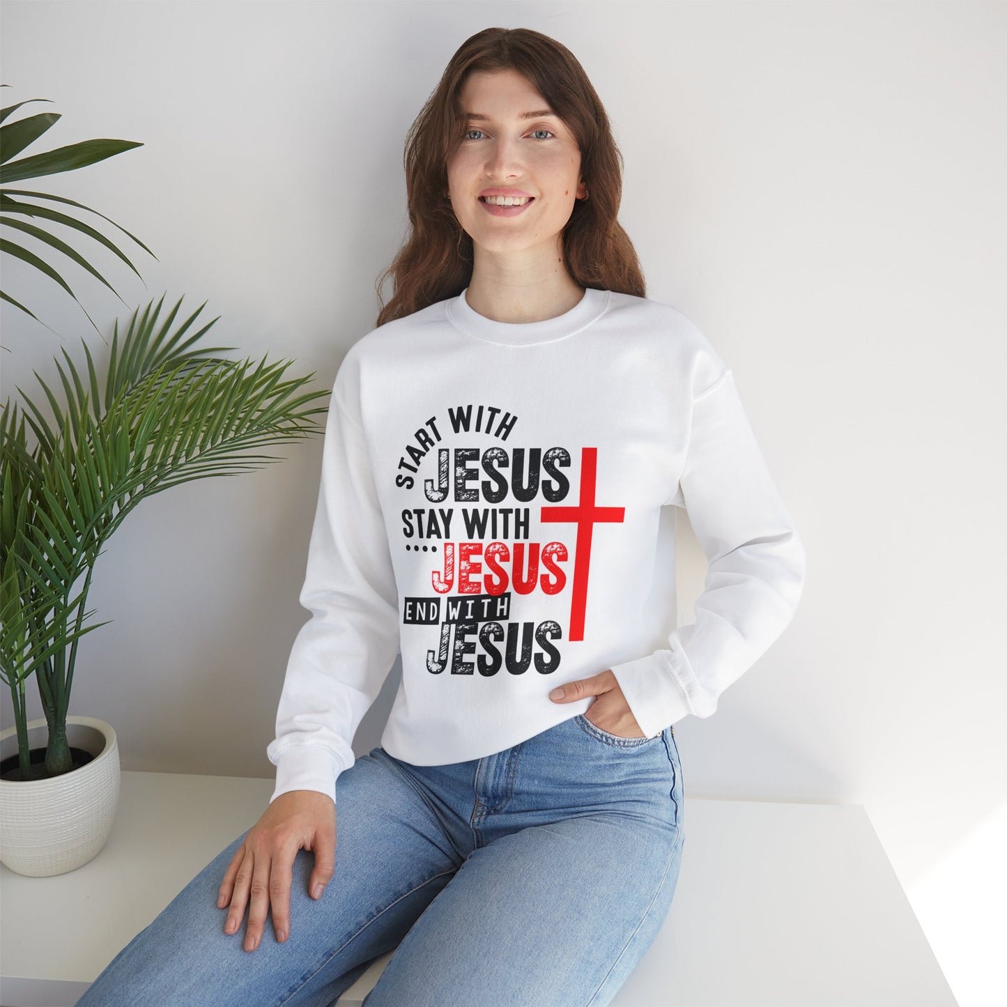 Start With Stay With End With Him Unisex Heavy Blend™ Crewneck Christian Sweatshirt