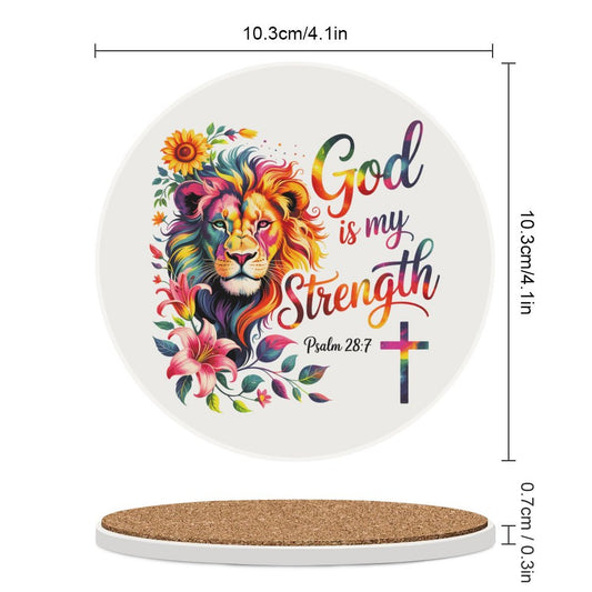 He Is My Strength Christian Round Ceramic Coaster - ClaimedbyGodDesigns