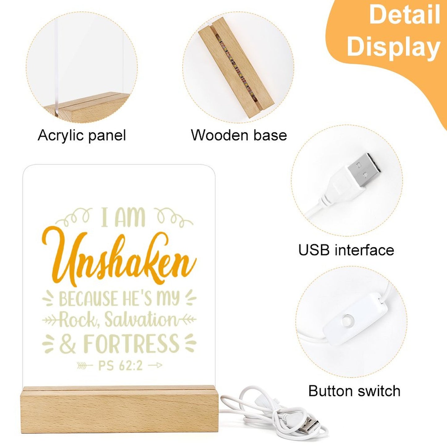 I Am Unshaken Because He's My Rock Salvation And Fortress Christian Acrylic Night Light with Wooden Base Christian Gift Idea